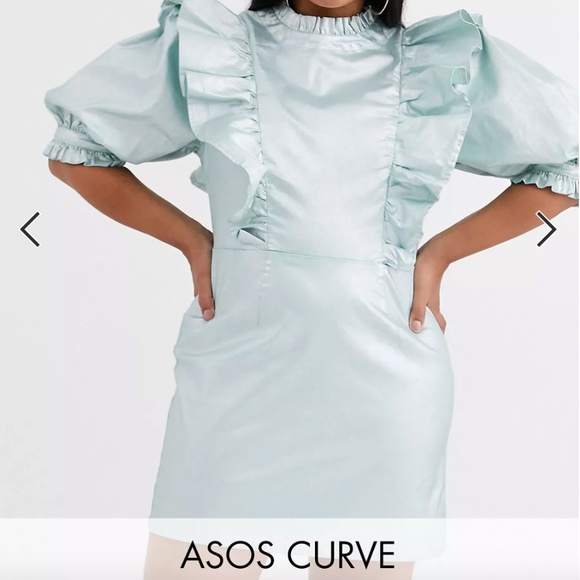 ASOS DESIGN Curve denim metallic dress with high neck and frill detail - Picture 1 of 12